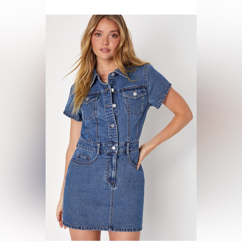 Lulus Ready to Charm Medium Wash Short Sleeve Denim Mini Dress XS